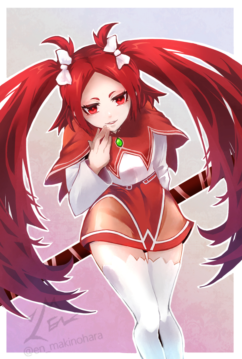 1girl, en_makinohara, grin, highres, looking_at_viewer, red_eyes, red_hair, rommy_(tales)