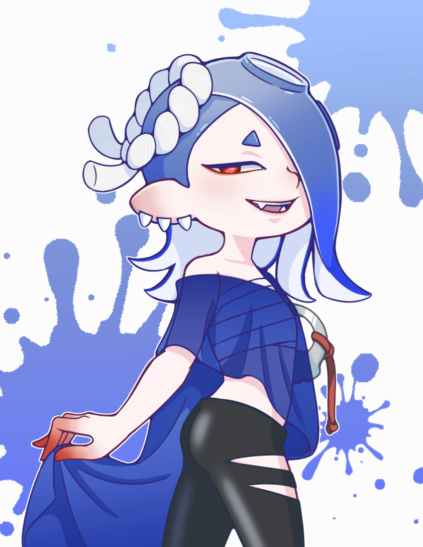 1girl, black_pants, blue_hair, chest_sarashi, earrings, fangs, hair_over_one_eye, highres