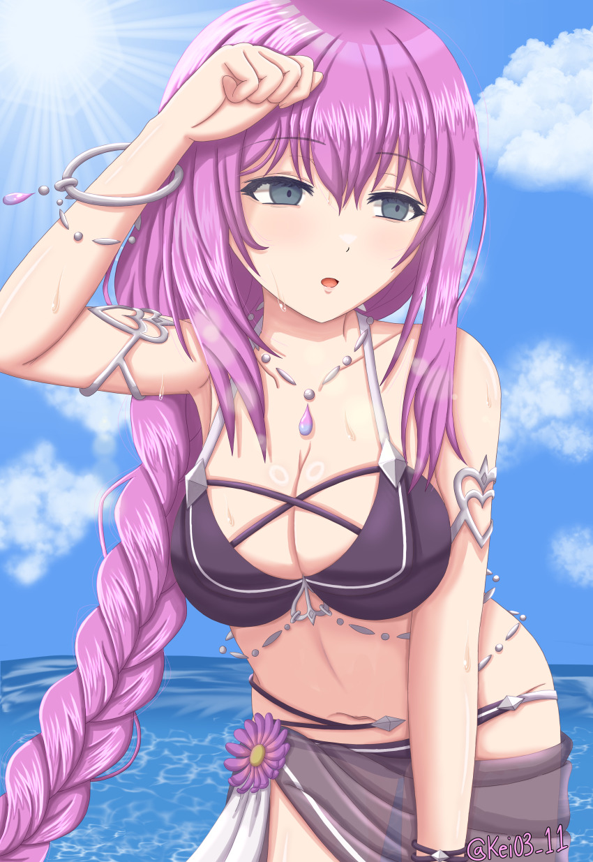 1girl, absurdres, bikini, black_bikini, black_sarong, blue_sky, bracelet, braid