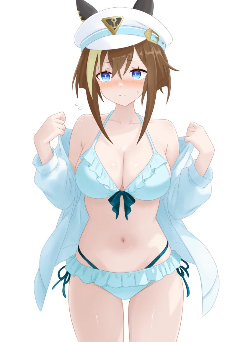1girl, alternate_costume, animal_ears, averting_eyes, bikini, blue_eyes, blush, breasts