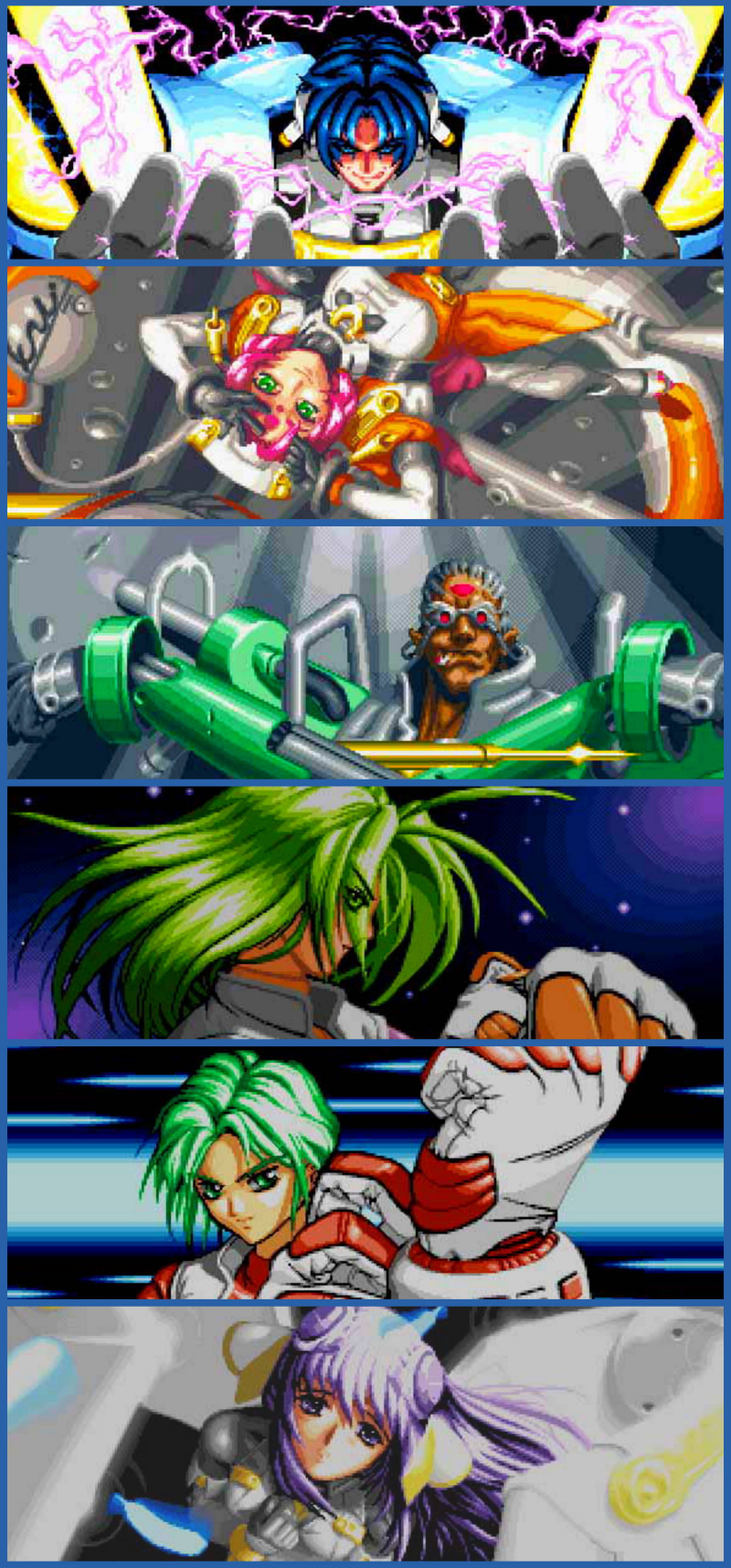 1990s_(style), blazing_star, blue_eyes, blue_hair, caster_mild, green_eyes, green_hair, highres