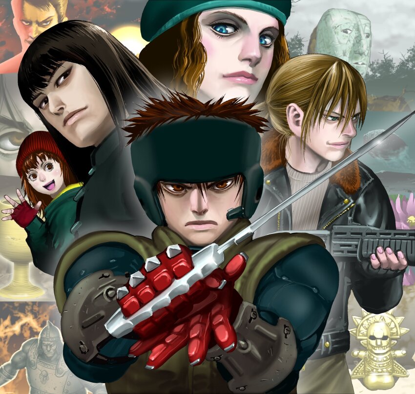 blonde_hair, brown_hair, character_request, closed_mouth, combat_knife, gloves, gun, highres