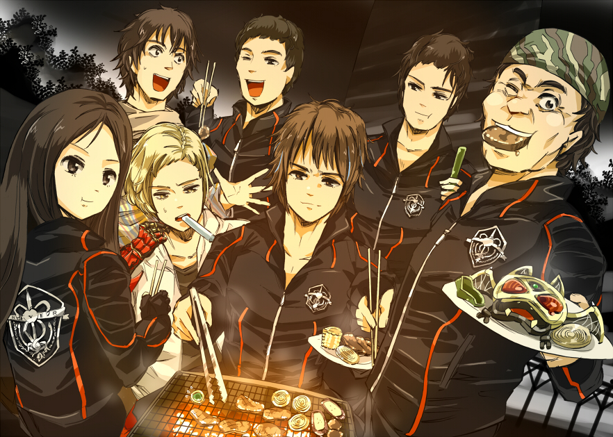 1girl, 6+boys, ankh_(ooo), ashihara_ken, bandana, black_hair, blonde_hair, brown_eyes