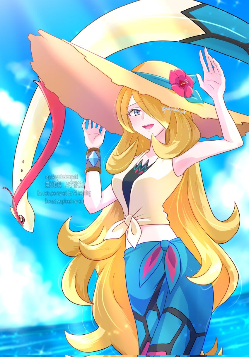 1girl, :d, blonde_hair, blue_sarong, blue_sky, brown_hat, cloud, corrupted_twitter_file