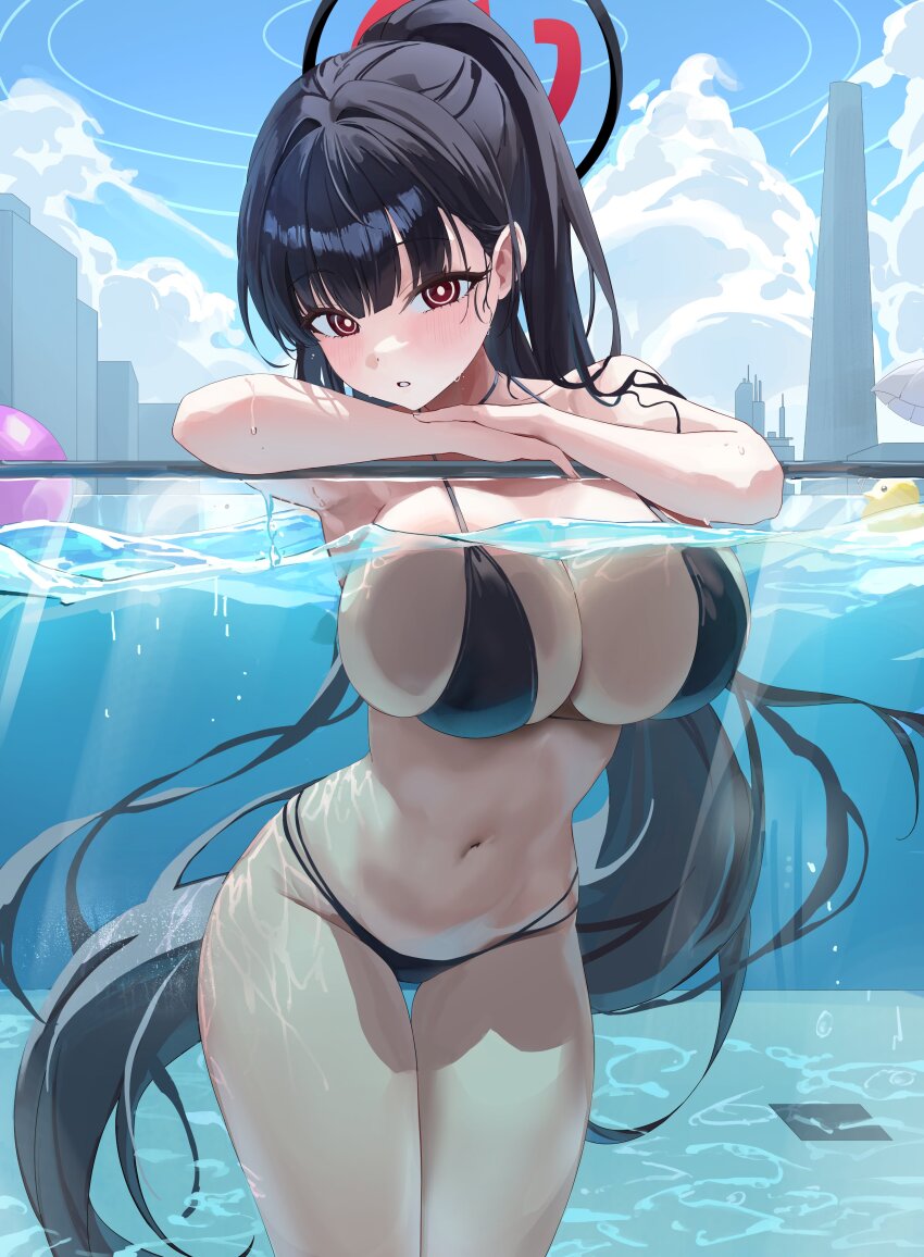 1girl, absurdres, alternate_costume, alternate_hairstyle, ball, bare_arms, beachball, bikini