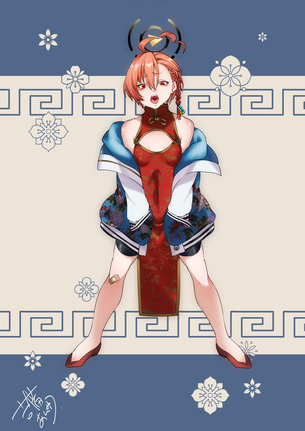 1girl, alternate_costume, ass, blue_archive, blue_background, braid, breasts, china_dress