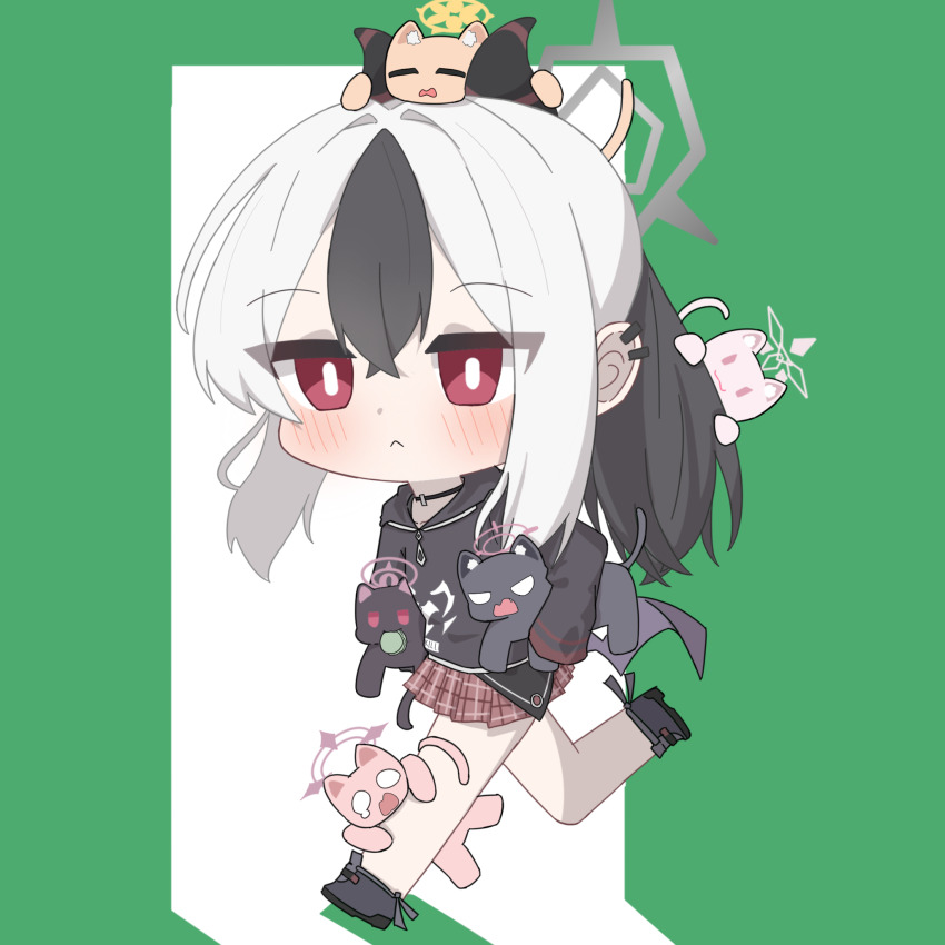 1girl, :<, :3, akira_(blue_archive), angry, animal, animal_on_head, animal_on_leg