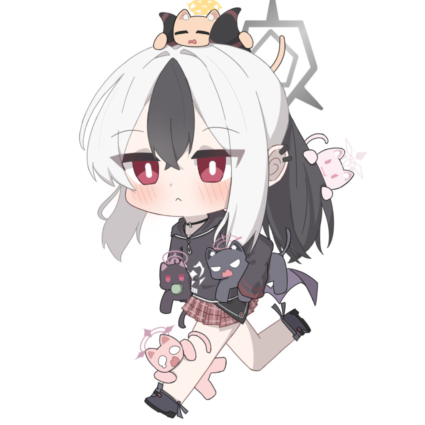 1girl, :<, :3, akira_(blue_archive), angry, animal, animal_on_head, animal_on_leg