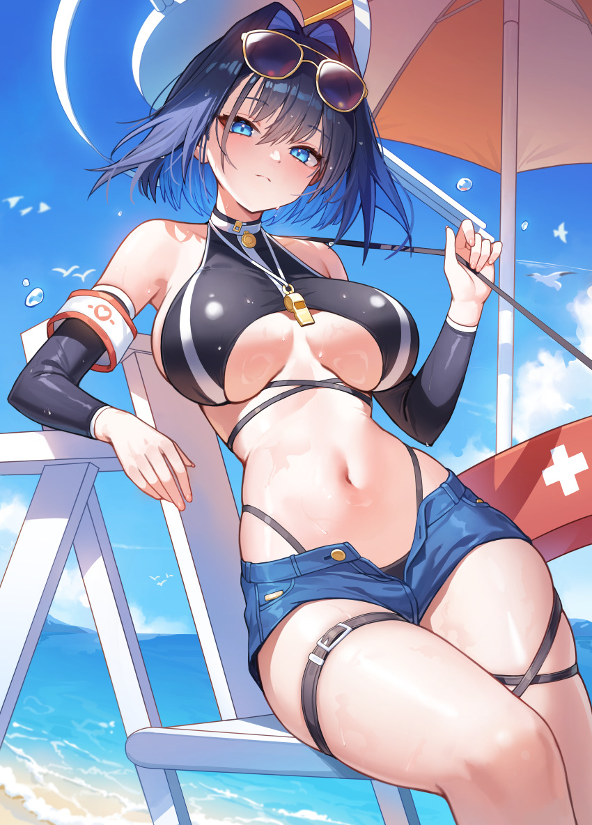 1girl, absurdres, beach, beach_umbrella, bikini, black_bikini, blue_eyes, blue_hair