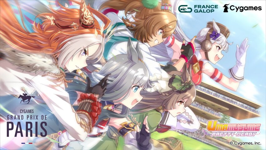 5girls, :d, ahoge, animal_ears, bare_shoulders, black_gloves, blade_of_grass, blast_onepiece_(umamusume)