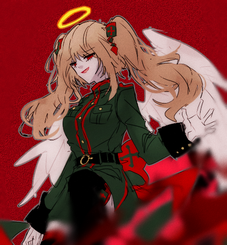 1girl, angel, angel_wings, blood, blurry, blurry_foreground, brown_hair, funamusea, gloves, haiiro_teien, halo, kakketsu, long_hair, lowres, military_uniform, rigatona_(funamusea), solo, twintails, white_gloves, wings
