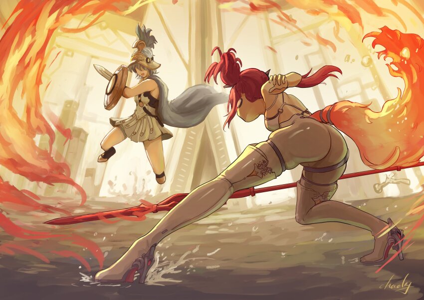 2girls, absurdres, ass, back, bare_shoulders, blue_hair, boots, breasts, chucky_(chucky1000sun), commentary_request, dress, faceoff, helmet, high_heel_boots, high_heels, highres, holding, holding_polearm, holding_sword, holding_weapon, long_hair, lupa_(wuthering_waves), medium_breasts, multiple_girls, mya_(wuthering_waves), pink_hair, polearm, shield, signature, sword, tail, thigh_boots, weapon, white_boots, white_dress, wolf_tail, wuthering_waves