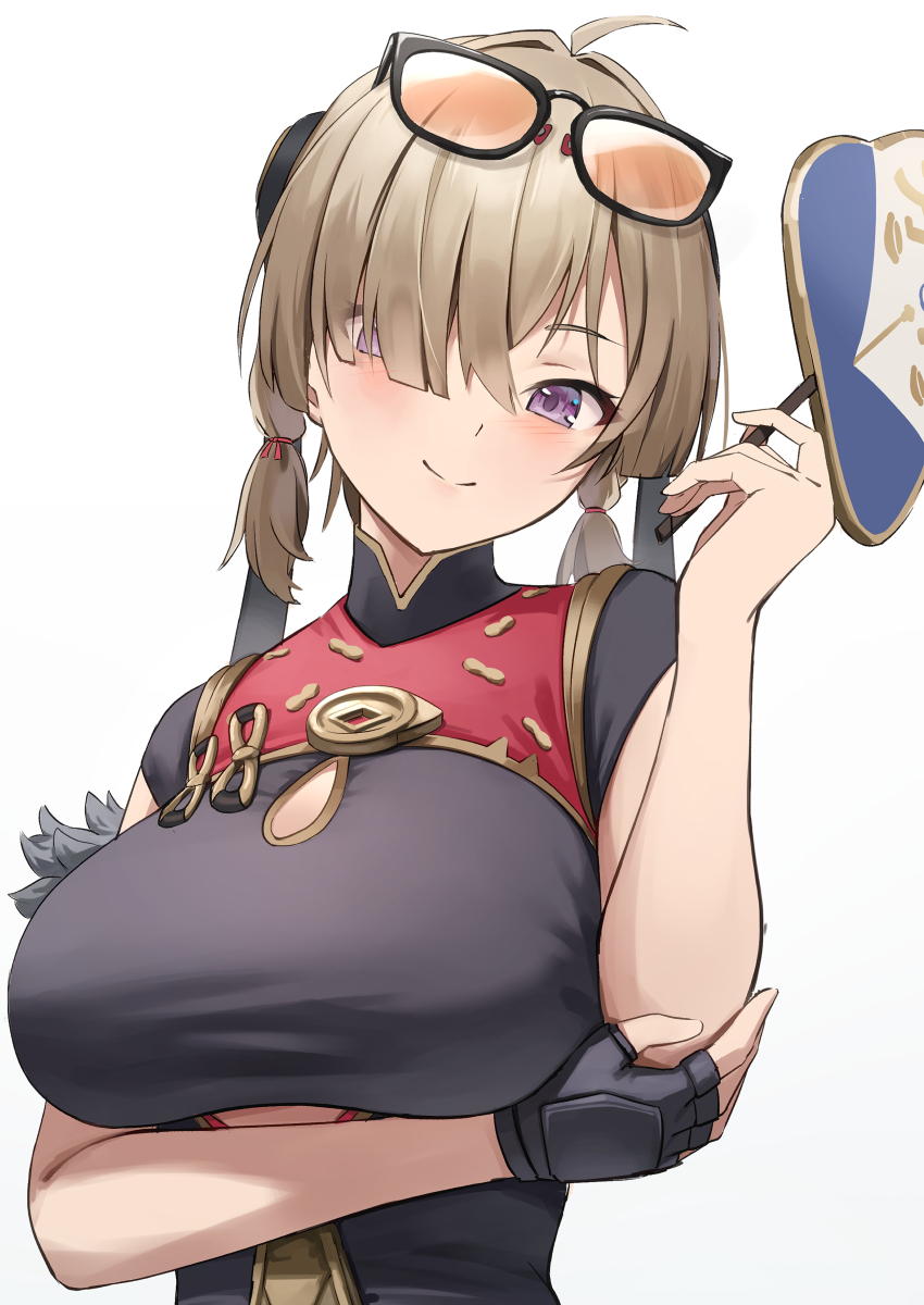 1girl, absurdres, arm_under_breasts, black_dress, breasts, brown_hair, china_dress, chinese_clothes