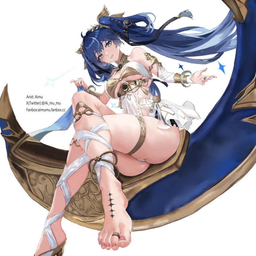 1girl, absurdres, aimu_(angry9565), ancient_greek_clothes, artist_name, ass, bare_shoulders, barefoot, blue_eyes, blue_hair, breasts, commentary, crossed_legs, from_below, gold_bra, greco-roman_clothes, hair_belt, head_wreath, highres, iuno_(wuthering_waves), jewelry, long_hair, looking_at_viewer, medium_breasts, parted_lips, simple_background, single_bare_foot, smile, solo, thighlet, thighs, toe_ring, toenails, toes, twintails, underboob, white_background, wuthering_waves