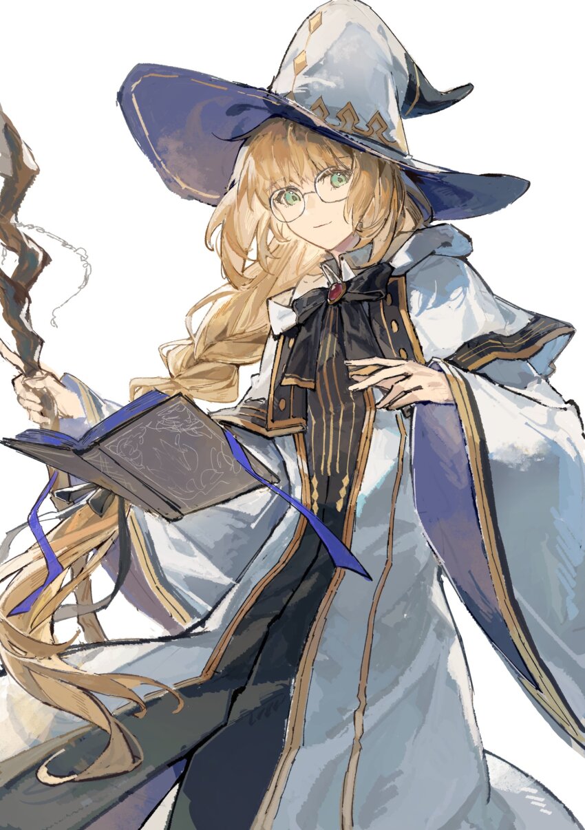 1girl, aesc_(fate), aesc_(rain_witch)_(fate), black_ribbon, black_robe, blonde_hair, book, braid