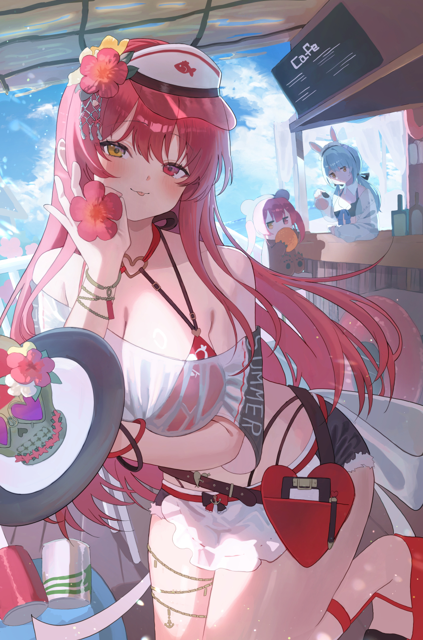 1other, 2girls, absurdres, animal_ears, apron, bare_shoulders, bikini, bikini_under_clothes, blue_hair, blush, bracelet, breasts, cafe, cleavage, day, flower, food, hair_flower, hair_ornament, heart, heterochromia, highres, holding, hololive, houshou_kumarine, houshou_marine, houshou_marine_(holonatsu_paradise), ichimi_(houshou_marine), jewelry, jinbei_(user_tpny4757), large_breasts, long_hair, looking_at_viewer, multiple_girls, off-shoulder_shirt, off_shoulder, rabbit_ears, red_bikini, red_eyes, red_hair, see-through_clothes, shirt, short_shorts, shorts, smile, solo_focus, swimsuit, tongue, tongue_out, tray, usada_pekora, usada_pekora_(holonatsu_paradise), virtual_youtuber, visor_cap, white_shirt, yellow_eyes