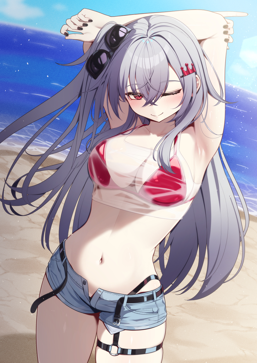 1girl, absurdres, akuame_(ring3922), arms_up, beach, belt, bikini, bikini_under_clothes, crown_hair_ornament, day, grey_hair, highres, hololive, hololive_dev_is, isaki_riona, isaki_riona_(holonatsu_paradise), long_hair, looking_at_viewer, navel, official_alternate_costume, one_eye_closed, one_side_up, open_belt, open_fly, outdoors, red_bikini, red_eyes, see-through_clothes, see-through_shirt, shirt, short_shorts, shorts, solo, swimsuit, tank_top, virtual_youtuber