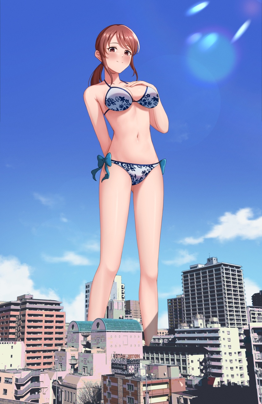 1girl, absurdres, arm_behind_back, bikini, blue_sky, breasts, brown_eyes, brown_hair