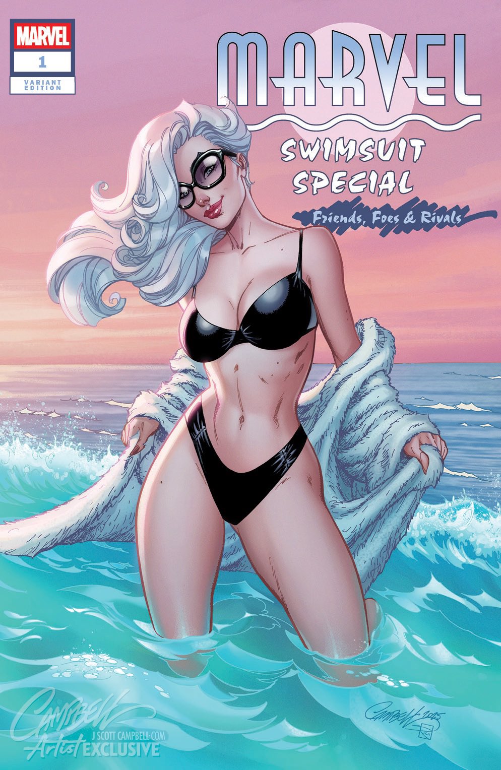 1girl, alternate_costume, artist_collaboration, bikini, black-framed_eyewear, black_bikini, breasts, cleavage, copyright_logo, day, english_text, felicia_hardy, highres, j._scott_campbell, logo, long_hair, looking_at_viewer, marvel, medium_breasts, official_art, outdoors, sabine_rich, signature, solo, spider-man_(series), swimsuit, wading, water, watermark, white_hair