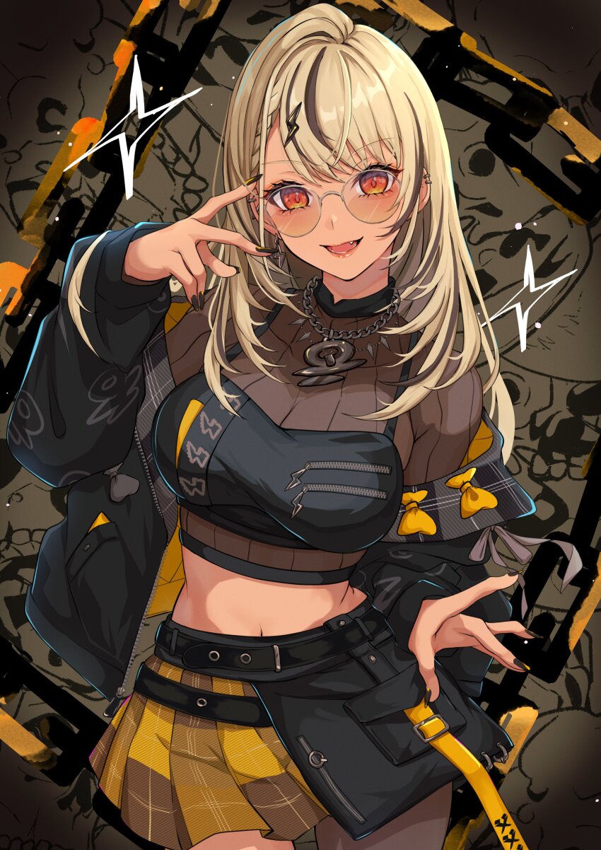 absurdres, asymmetrical_bangs, black_jacket, blonde_hair, braid, braided_bangs, breasts, chain