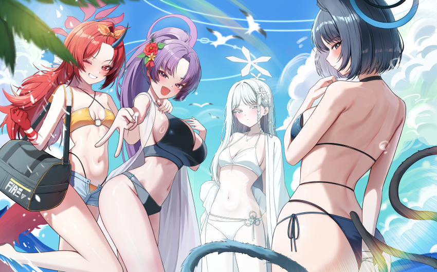 4girls, absurdres, ass, back, beach, bikini, bikini_bottom_under_shorts, bikini_under_clothes