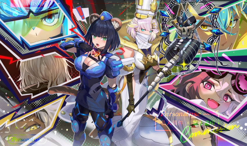 +_+, 4boys, 4girls, animal_ear_fluff, animal_ears, armor, bare_shoulders, black_hair