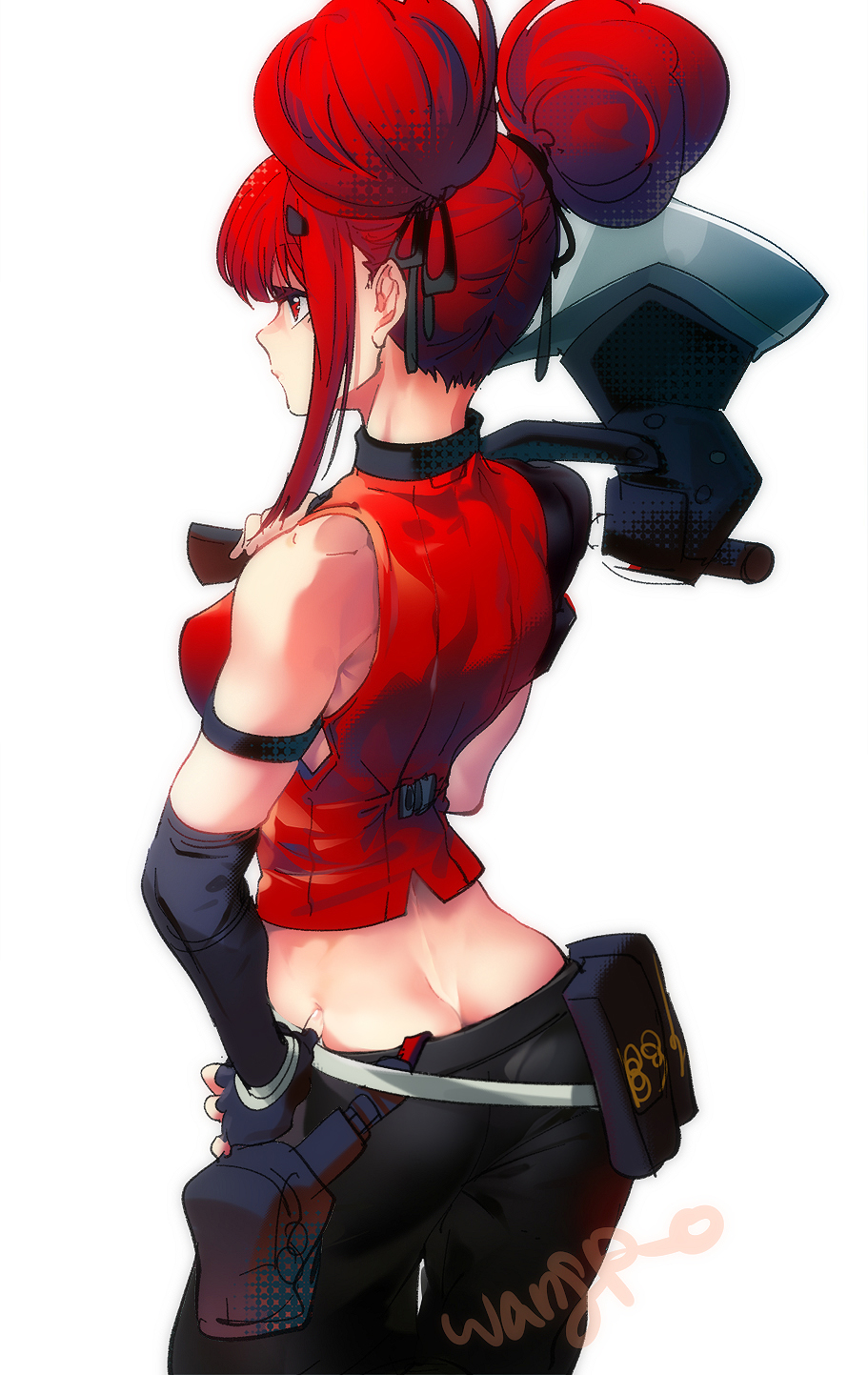 1girl, artist_name, ass, axe, battle_axe, black_gloves, breasts, butt_crack, commentary_request, cz75_(girls'_frontline), double_bun, expressionless, faye_(girls'_frontline_2), fingerless_gloves, from_behind, girls'_frontline, girls'_frontline_2:_exilium, gloves, hair_bun, hand_on_own_hip, highres, holding, holding_axe, korean_commentary, pants, pouch, red_eyes, red_hair, simple_background, solo, underwear, wangpo, weapon, white_background