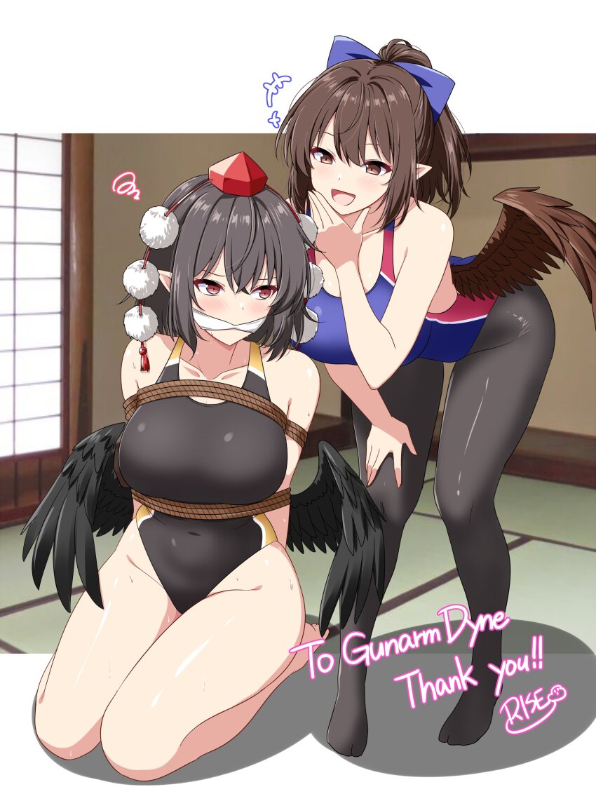 2girls, absurdres, bdsm, black_pantyhose, bondage, bound, breasts, brown_hair, commission, competition_swimsuit, feathered_wings, gag, hat, highres, kidnapped, multiple_girls, one-piece_swimsuit, pantyhose, pantyhose_under_swimsuit, red_eyes, red_hat, rise_(rise19851203), shameimaru_aya, short_hair, skeb_commission, smile, swimsuit, touhou, wings, yuri