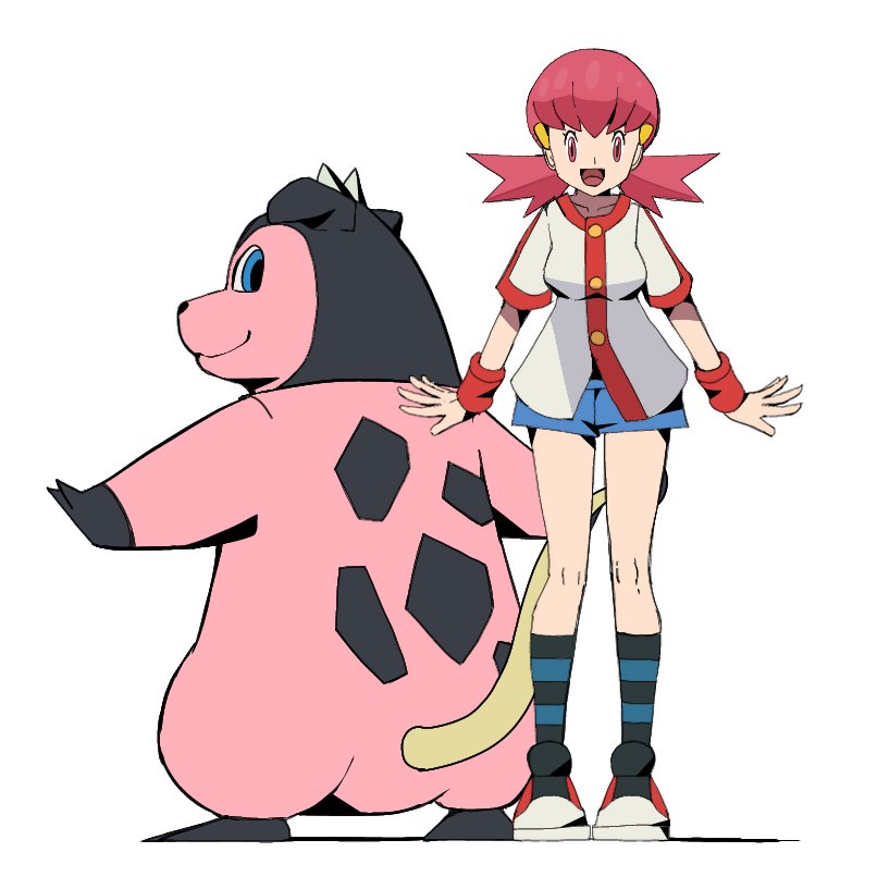 1girl, :d, blue_shorts, breasts, buttons, gen_2_pokemon, hair_ornament, hairclip