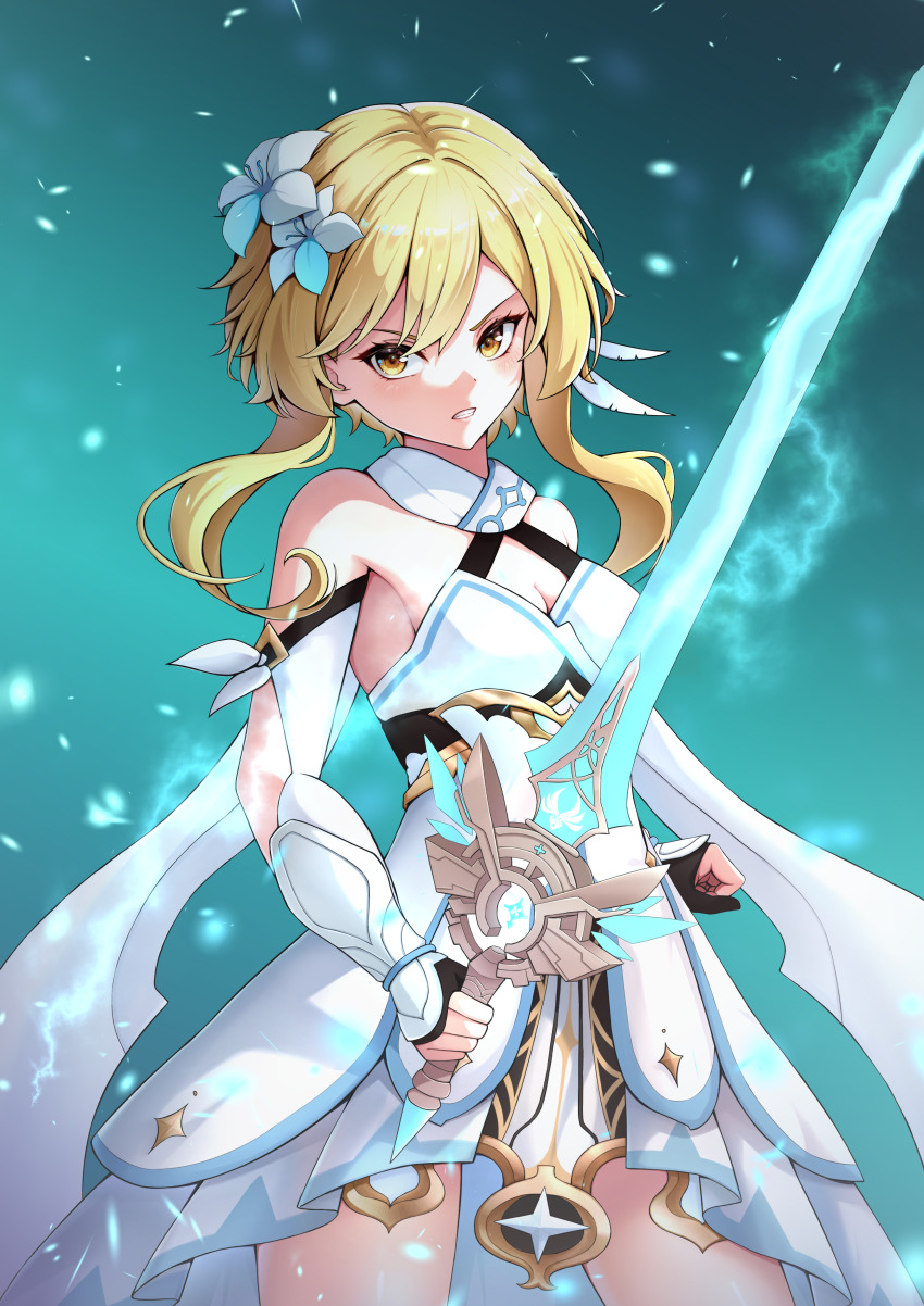 1girl, absurdres, aerokinesis, anemo_symbol_(genshin_impact), aqua_background, arm_armor, armpits, bare_shoulders, black_gloves, blonde_hair, breasts, cleavage, clenched_teeth, commentary_request, cowboy_shot, dress, feather_hair_ornament, feathers, fighting_stance, flower, genshin_impact, gloves, gradient_background, green_background, hair_flower, hair_ornament, highres, holding, holding_sword, holding_weapon, looking_at_viewer, lumine_(genshin_impact), medium_breasts, partially_fingerless_gloves, revision, scarf, short_hair_with_long_locks, simple_background, skyward_blade_(genshin_impact), solo, suzawa_aya, sword, teeth, weapon, white_dress, white_scarf, wind, yellow_eyes