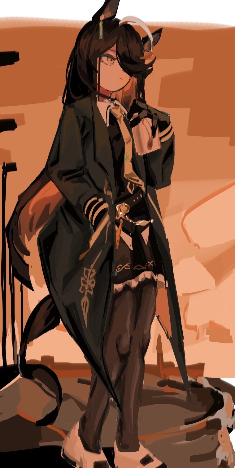 1girl, animal_ears, black_choker, black_coat, black_gloves, black_hair, black_pantyhose, black_skirt