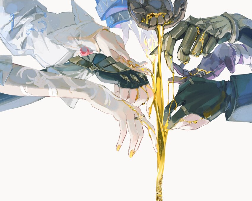 2boys, 6+girls, aglaea_(honkai:_star_rail), anaxa_(honkai:_star_rail), arm_focus, arm_ribbon, bai_zhong, black_bodysuit, black_gloves, black_jacket, blue_jacket, bodysuit, castorice_(honkai:_star_rail), chrysos_heirs_(honkai:_star_rail), cipher_(honkai:_star_rail), commentary_request, cyrene_(philia093)_(honkai:_star_rail), cyrene_(honkai:_star_rail), dress, fingerless_gloves, fingernails, flower, gauntlets, gloves, gold_blood, gold_ring, hand_focus, highres, honkai:_star_rail, honkai_(series), hyacine_(honkai:_star_rail), jacket, jewelry, long_sleeves, multiple_boys, multiple_girls, multiple_rings, mydei_(honkai:_star_rail), nail_polish, partially_fingerless_gloves, puffy_long_sleeves, puffy_sleeves, purple_gloves, ribbon, ring, simple_background, trianne_(honkai:_star_rail), tribbie_(honkai:_star_rail), trinnon_(honkai:_star_rail), triplets, white_background, white_dress, white_flower, white_gloves, yellow_nails