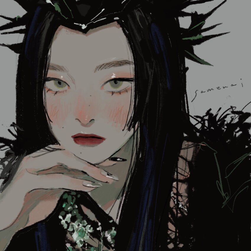 1girl, black_hair, blush, closed_mouth, crown, eyeliner, eyeshadow, fake_nails