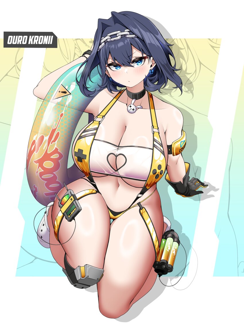 1girl, absurdres, alternate_costume, arm_support, black_choker, black_gloves, blue_eyes, blue_hair