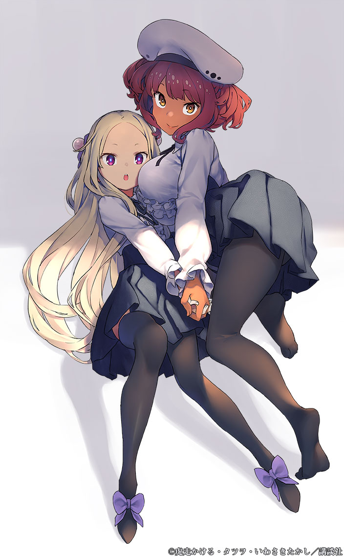 2girls, black_thighhighs, blonde_hair, blunt_bangs, bob_cut, breasts, brown_eyes, dark-skinned_female, dark_skin, full_body, hat, holding_hands, holt_(mahoutsukai_reimeiki), interlocked_fingers, large_breasts, long_hair, long_sleeves, looking_at_viewer, loux_christasse, lying, mahoutsukai_reimeiki, medium_hair, miniskirt, multiple_girls, on_back, open_mouth, purple_eyes, purple_ribbon, red_hair, ribbon, school_uniform, shirt, simple_background, skirt, smile, tatsuwo, thighhighs, tsurime, very_long_hair, white_background, white_shirt, yuri
