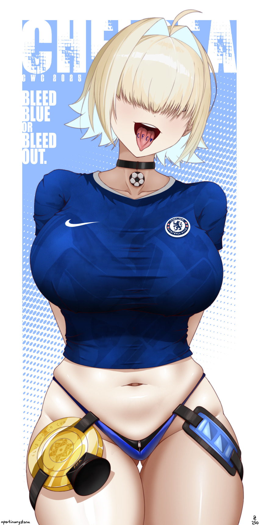 1girl, a_port_in_any_storm, absurdres, ahoge, arms_behind_back, bikini, bikini_bottom_only, black_choker, blonde_hair, blue_bikini, blue_shirt, breasts, chelsea_fc, choker, collarbone, commentary, cowboy_shot, elegg_(nikke), gluteal_fold, goddess_of_victory:_nikke, groin, hair_between_eyes, hair_intakes, hair_over_eyes, highres, large_breasts, long_bangs, looking_at_viewer, multicolored_hair, navel, nike_(company), open_mouth, purple_eyes, shirt, short_hair, short_sleeves, sidelocks, signature, skindentation, soccer, soccer_uniform, solo, sportswear, standing, stomach, swimsuit, taut_clothes, taut_shirt, teeth, thigh_gap, tongue, tongue_out, tongue_writing, trophy, two-tone_hair, upper_teeth_only