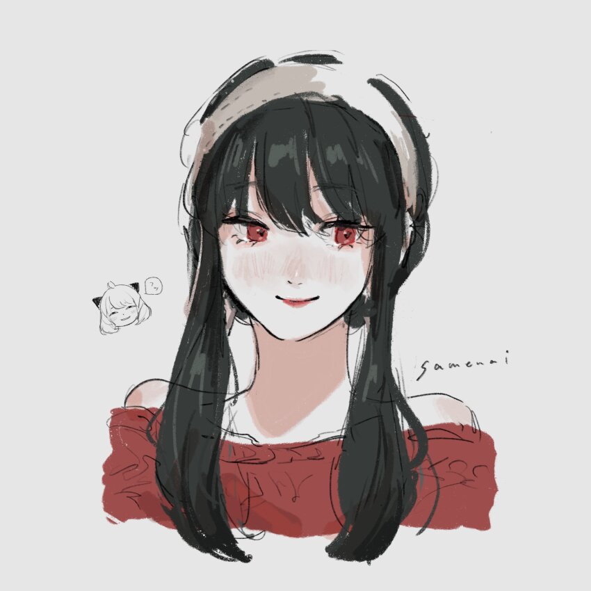 2girls, ahoge, anya_(spy_x_family), black_hair, blunt_bangs, blush, closed_mouth, commentary, hair_bun, hairpods, headband, highres, multiple_girls, red_eyes, red_lips, red_sweater, samenai_ymkr, sidelocks, signature, simple_background, smile, spy_x_family, sweater, untranslatable_commentary, upper_body, yor_briar