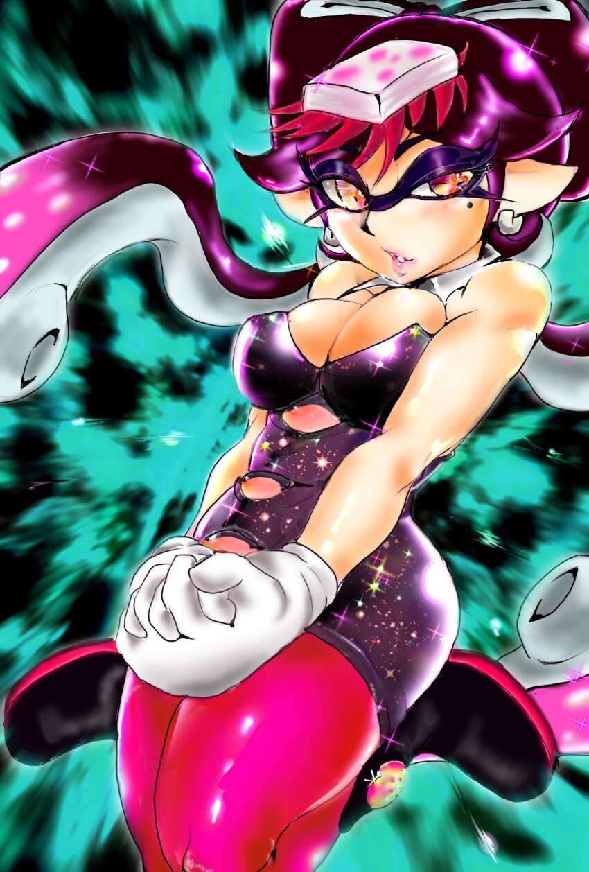 1girl, bare_shoulders, breasts, callie_(splatoon), cleavage, earrings, gloves, highres