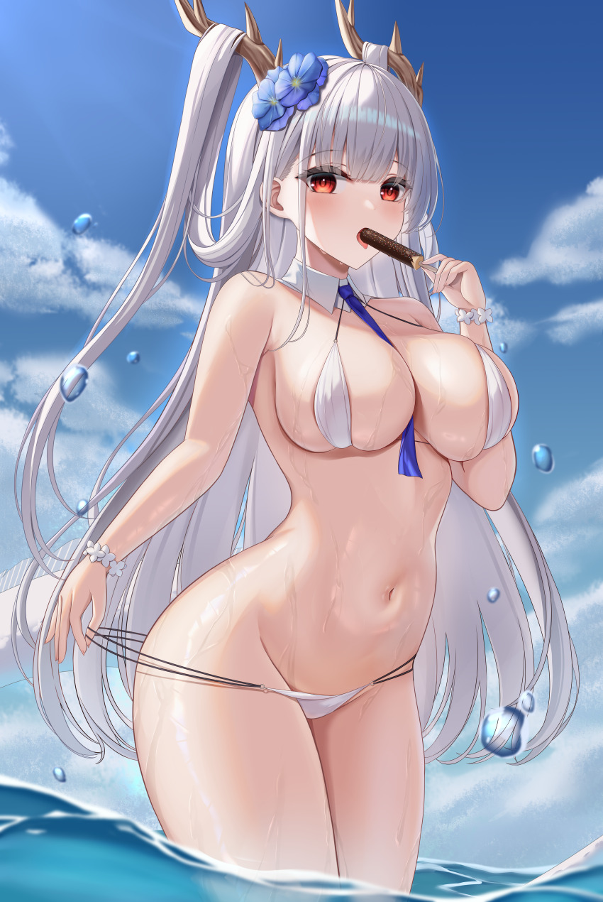 1girl, absurdres, azur_lane, between_breasts, bikini, bikini_bottom_pull, blue_flower, blue_necktie, blush, breasts, commentary_request, commission, day, detached_collar, dragon_girl, dragon_horns, dragon_tail, eating, expressionless, flower, food, from_below, hair_flower, hair_on_horn, hair_ornament, hand_up, highres, hip_focus, holding, holding_food, holding_popsicle, horns, ke-zu, large_breasts, long_hair, looking_at_viewer, looking_down, navel, necktie, necktie_between_breasts, o-ring, o-ring_bikini, open_mouth, outdoors, pixiv_commission, popsicle, pulling_own_clothes, red_eyes, shimanto_(azur_lane), short_necktie, skindentation, solo, splashing, stomach, string_pull, swimsuit, tail, teasing, thighs, very_long_hair, wading, wet, white_bikini, white_hair