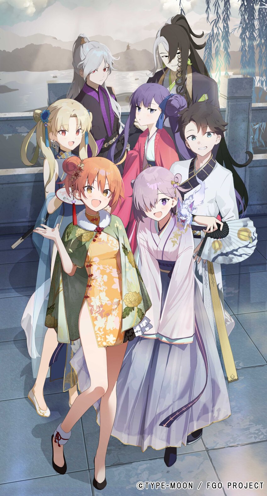 3boys, 4girls, absurdres, ahoge, akinashi_yuu, ashiya_douman_(fate), asymmetrical_hair, black_eyes, black_hair, blonde_hair, blue_eyes, blush, china_dress, chinese_clothes, copyright_name, copyright_notice, day, double_bun, dress, edmond_dantes_(fate), ereshkigal_(fate), fate/grand_order, fate_(series), fou_(fate), fujimaru_ritsuka_(female), fujimaru_ritsuka_(female)_(chinese_ver._9th_anniversary), fujimaru_ritsuka_(male), full_body, grey_hair, hair_bun, hair_ornament, hair_ribbon, hand_fan, hanfu, highres, holding, holding_fan, long_hair, looking_at_viewer, mash_kyrielight, meltryllis_(fate), multicolored_hair, multiple_boys, multiple_girls, official_art, open_mouth, orange_eyes, orange_hair, outdoors, pelvic_curtain, pink_hair, ponytail, promotional_art, purple_eyes, purple_hair, red_eyes, ribbon, robe, shoes, short_hair, single_hair_bun, smile, split-color_hair, standing, the_count_of_monte_cristo_(fate), tile_floor, tiles, two-tone_hair, updo