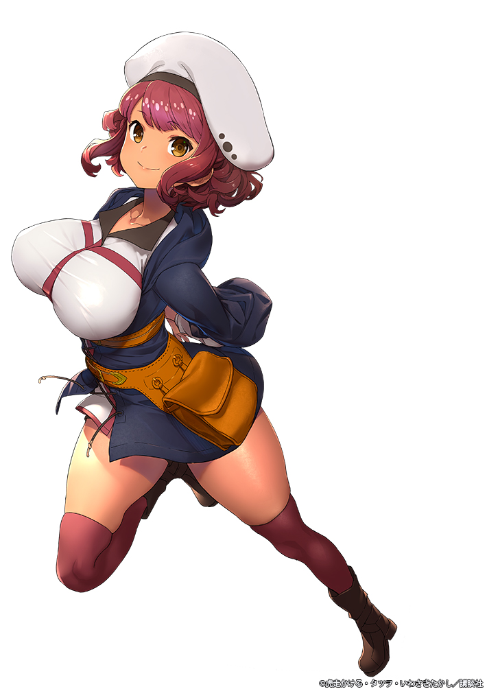 1girl, belt_pouch, blush, breasts, brown_eyes, closed_mouth, collarbone, copyright_notice