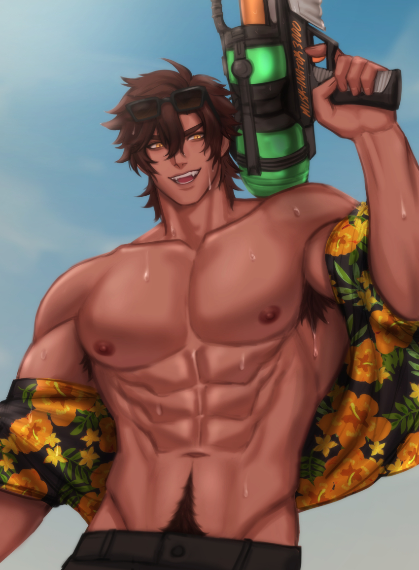 1boy, abs, absurdres, armpit_hair, brown_hair, eyewear_on_head, highres, indie_virtual_youtuber