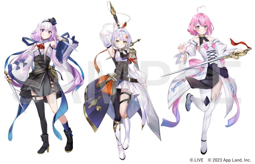 .live, 3girls, ahoge, alicecoco, arm_up, asymmetrical_legwear, black_dress, blush