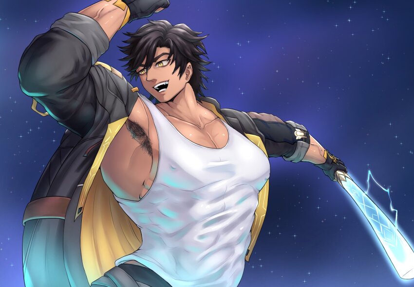 1boy, armpit_hair, armpits, bara, baseball_bat, brown_hair, caelus_(honkai:_star_rail), caelus_(honkai:_star_rail)_(cosplay)