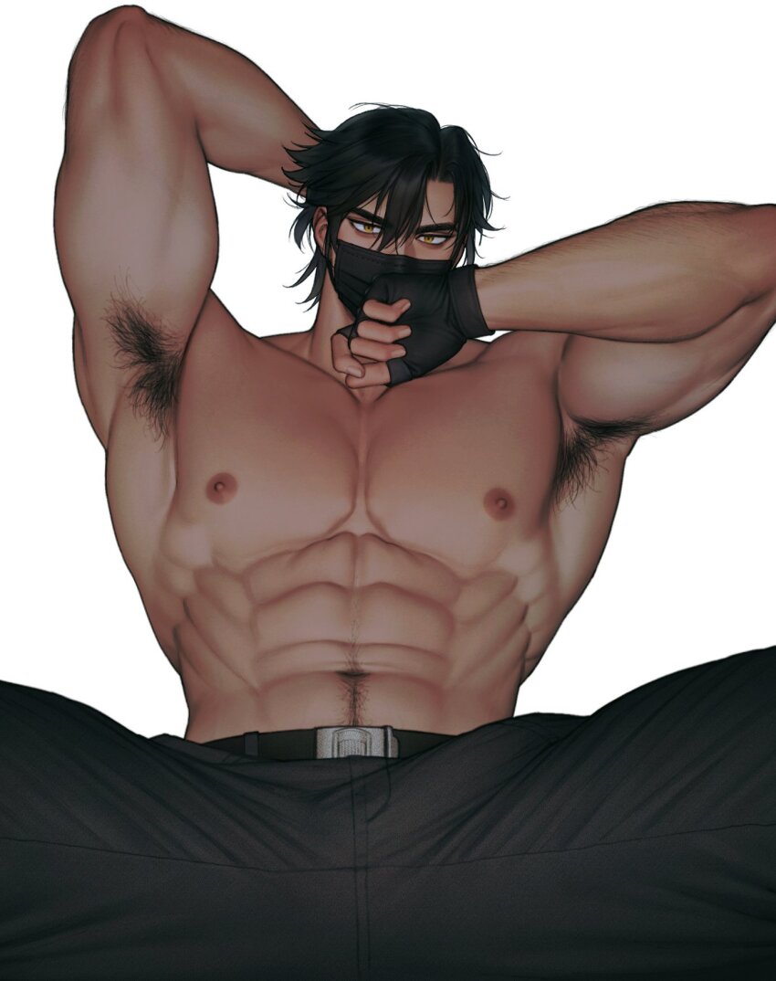 1boy, abs, armpit_hair, armpits, bara, belt, brown_hair, highres, indie_virtual_youtuber, jigeumgat-igaja_(ni_yoll), kite_hasegawa, male_focus, mask, muscular, pubic_hair, yellow_eyes