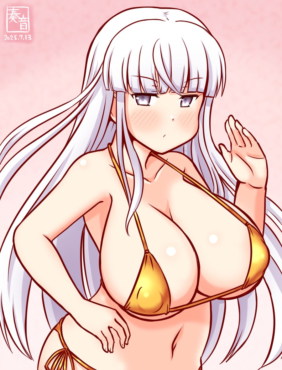 1girl, bikini, blush, breasts, cleavage, collarbone, covered_erect_nipples, gold_bikini