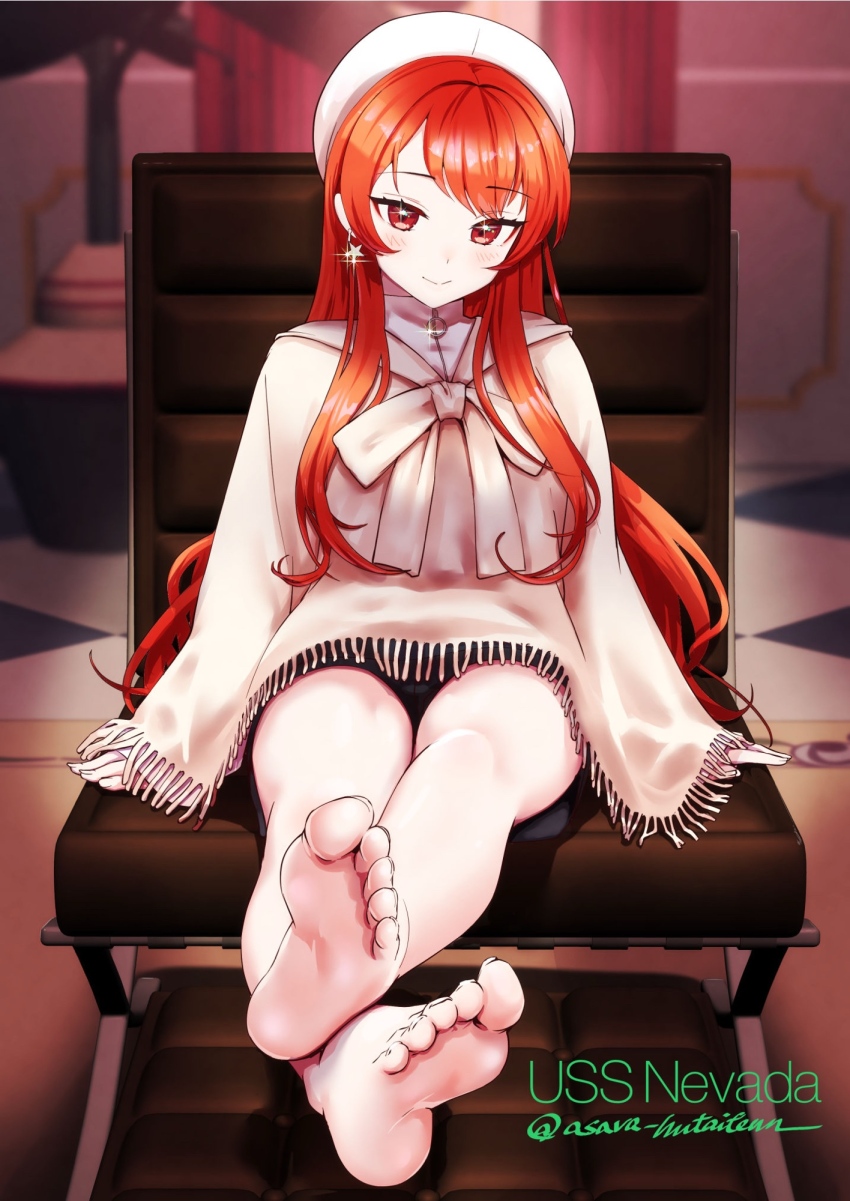 1girl, alternate_costume, asava_(hutaitenn), barefoot, beret, character_name, commentary_request, couch, dress, frilled_shawl, frills, hat, highres, kantai_collection, long_hair, nevada_(kancolle), nevada_(willer)_(kancolle), official_alternate_costume, red_eyes, red_hair, shawl, sitting, solo, white_dress, white_hat, white_shawl