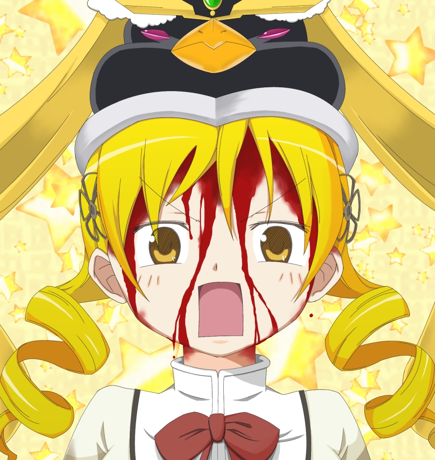 :o, blonde_hair, blood, cosplay, crossover, drill_hair, hair_ornament, hat, mahou_shoujo_madoka_magica, mahou_shoujo_madoka_magica_(anime), mami_mogu_mogu, mawaru_penguindrum, open_mouth, parody, princess_of_the_crystal, princess_of_the_crystal_(cosplay), seizon_senryaku, surprised, takakura_himari, tomoe_mami, twin_drills, twintails, yellow_eyes, yosinobu