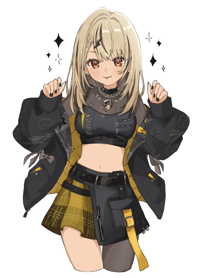 :p, belt, black_hair, black_jacket, black_nails, black_shirt, black_skirt, blonde_hair, blush, bow, braid, chain, chain_necklace, cowboy_shot, cropped_shirt, dark-skinned_female, dark_skin, earrings, fang, hair_ornament, hands_up, highres, jacket, jewelry, kaminari_qpi, kaminari_qpi_(5th_costume), lightning_bolt, lightning_bolt_earrings, lightning_bolt_hair_ornament, lightning_bolt_symbol, long_hair, midriff, miniskirt, multicolored_hair, multicolored_jacket, multicolored_skirt, necklace, off_shoulder, orange_eyes, shirt, simple_background, single_thighhigh, skin_fang, skirt, skirt_pocket, sleeves_past_wrists, streaked_hair, thighhighs, tongue, tongue_out, unimaru_go, upper_body, virtual_youtuber, vspo!, white_background, yellow_bow, yellow_jacket, yellow_skirt, zipper, zipper_pull_tab