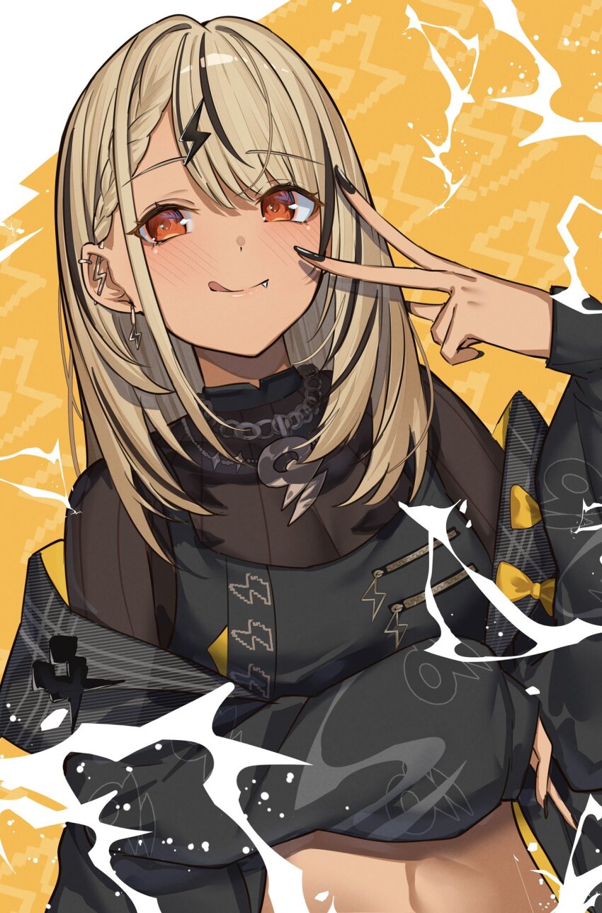 :p, black_hair, black_jacket, black_nails, black_shirt, blonde_hair, blush, bow